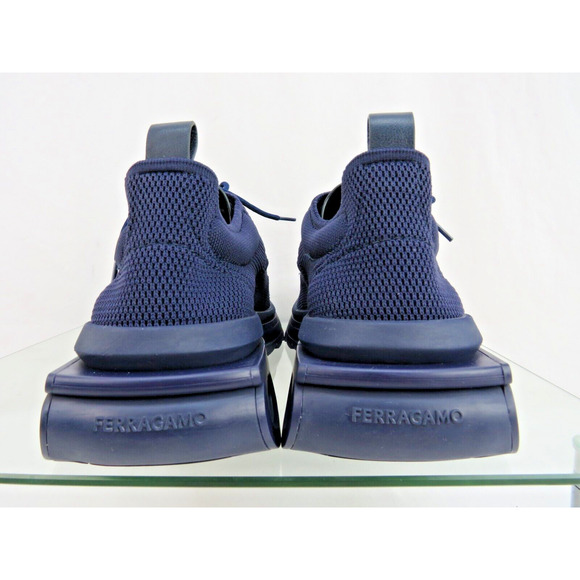 NIB FERRAGAMO DARK BLUE NIMA MESH LEATHER LOGO LOW SNEAKERS US 9.5 42.5 ITALY